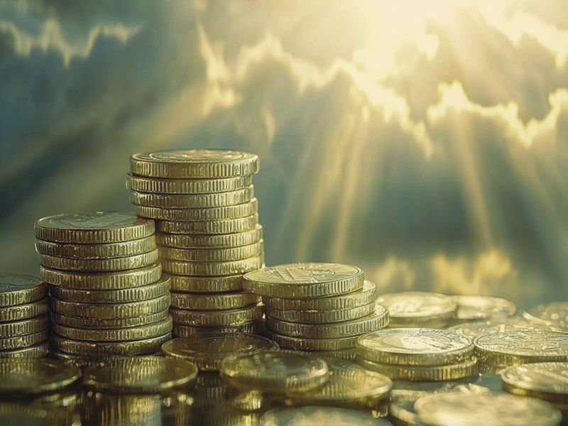 Stacked gold coins lit by sunlight through clouds