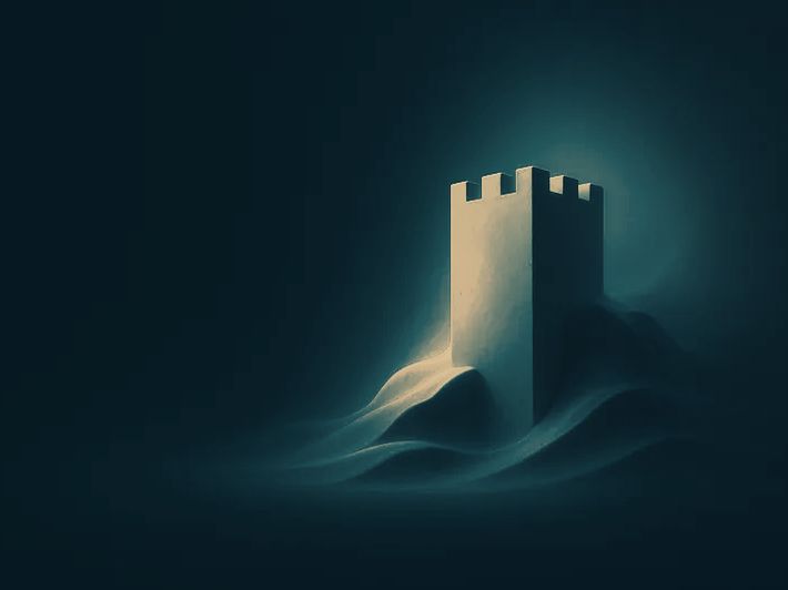 A stone tower standing steady in mist